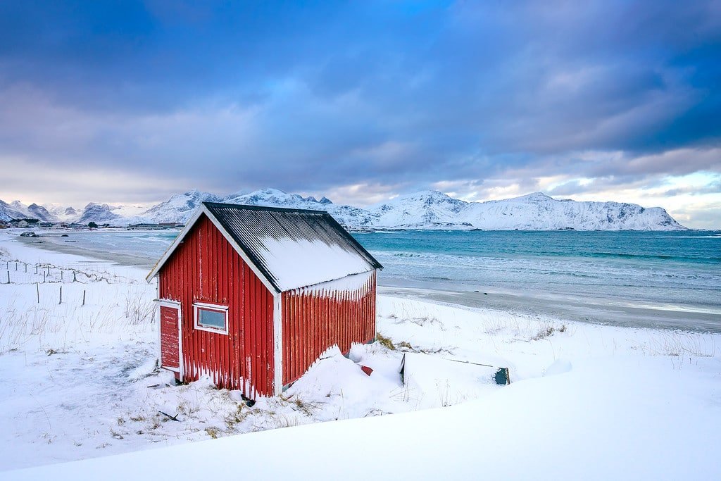 Snow Covered Beaches Lofoten Islands Rambergstranda